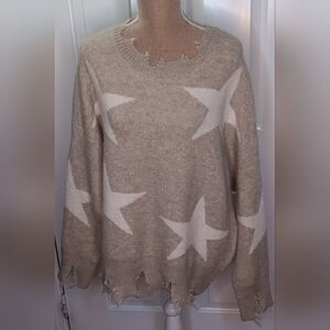 Easel Tan and White Star Pattern Oversized Distressed Crew Neck Sweater Size M